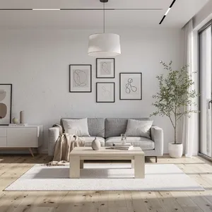 A photorealistic interior of a modern Scandinavian-style living room with natural light streaming through floor-to-ceiling windows. Show detailed wood textures, fabric materials, and proper light reflections. - Black Forest Labs FLUX.2 Max