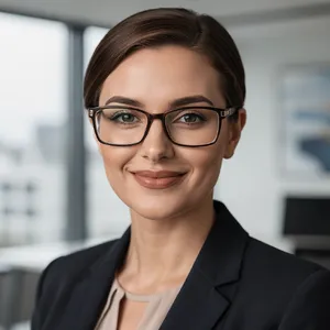 A professional headshot of a businesswoman wearing glasses, against a blurred background. - Black Forest Labs FLUX.2 Max