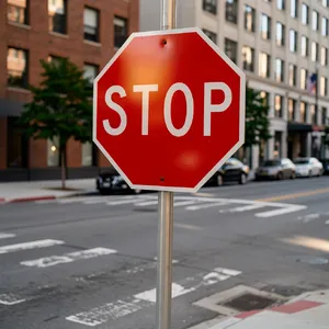 A red stop sign on a street corner displaying the word 