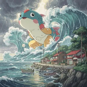 A sea creature rising from a stormy ocean near a village. Replicate the visual style of 'Ponyo' by Studio Ghibli, with Miyazaki's fluid water animations and vibrant creatures. - Black Forest Labs FLUX.2 Max