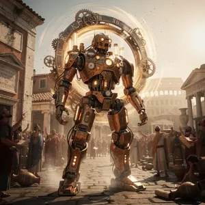A steampunk robot time-traveling in ancient Rome, depicted in a detailed cinematic style that blends historical accuracy with copper and brass retrofuturistic aesthetics. - Black Forest Labs FLUX.2 Max