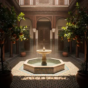 A traditional Moroccan riad courtyard with detailed zellige tilework, flowing fountain, citrus trees, and ornate woodwork. Morning light casting intricate shadow patterns. - Black Forest Labs FLUX.2 Max