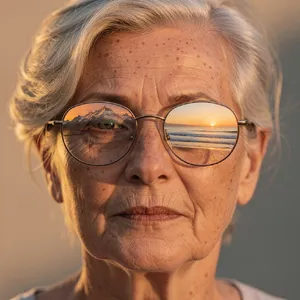 A ultra high-resolution portrait of an elderly woman with silver hair and bifocal glasses, each lens reflecting a distant landscape, captured in warm late-afternoon sunlight - Black Forest Labs FLUX.2 Max