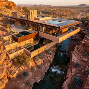 Aerial view of a modernist desert home, in the style of Frank Lloyd Wright's Fallingwater but adapted to desert conditions. Show integration with rocky landscape and water features. - Black Forest Labs FLUX.2 Max