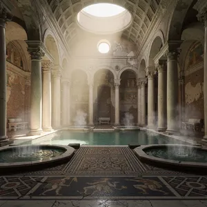 An ancient Roman bathhouse interior with accurate architectural details - marble columns, mosaic floors, arched ceilings, and steam rising from pools. Natural light from oculus openings. - Black Forest Labs FLUX.2 Max