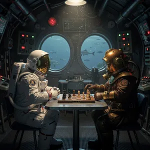 An astronaut and a deep-sea diver playing chess together inside a submarine. - Black Forest Labs FLUX.2 Max