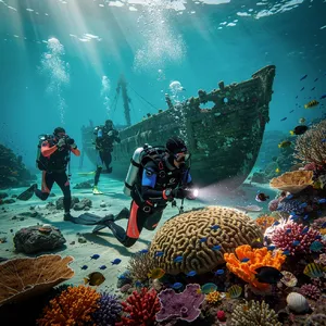 An underwater scene with scuba divers exploring a coral reef alongside colorful fish and a sunken ship. - Black Forest Labs FLUX.2 Max