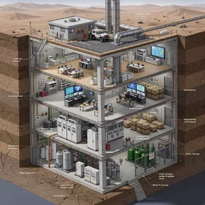 Cross-section rendering of a multi-level underground bunker with different functional areas, structural support systems, ventilation, and power generation facilities visible. - Black Forest Labs FLUX.2 Max