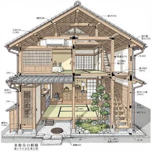 Cutaway architectural drawing of a traditional Japanese machiya townhouse showing all rooms and structural elements. Include accurate proportions, traditional joinery, and typical spatial organization. - Black Forest Labs FLUX.2 Max