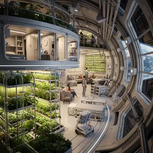 Interior of a futuristic space habitat with hydroponics gardens, communal areas, and living quarters. Show curved walls, artificial gravity considerations, and multipurpose furniture designs. - Black Forest Labs FLUX.2 Max