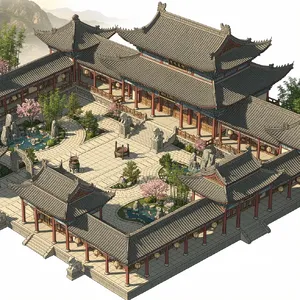 Isometric architectural illustration of an ancient Chinese temple complex showing multiple pavilions, gardens, and ceremonial spaces. Include proper roof structures and traditional ornamentation. - Black Forest Labs FLUX.2 Max