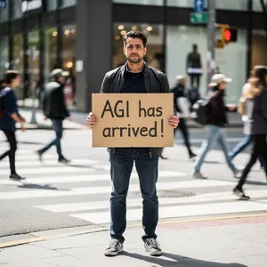 Photorealistic daytime street photograph, clearly showing a man standing still on a busy urban street corner holding a rectangular cardboard sign clearly facing camera, handwritten bold black marker text clearly readable as 