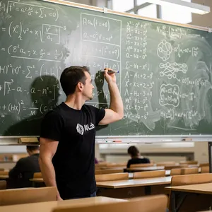 Photorealistic depiction of a man wearing a clearly visible black OpenAI-branded T-shirt. He is standing at the front of a university lecture hall, writing complex mathematics and AI-related equations across a large, dusty chalkboard filled with notation - Black Forest Labs FLUX.2 Max