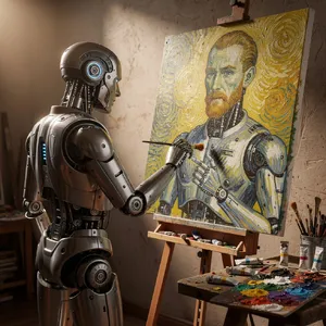 Photorealistic image of a robot painting a realistic self-portrait (i.e. the robot) on canvas, mimicking Van Gogh’s art style; clear, realistic metallic textures and painting details visible - Black Forest Labs FLUX.2 Max