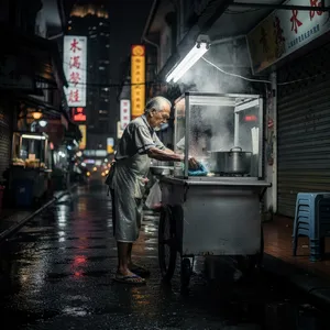 Rain-slicked Singapore street, 3 AM. A lone elderly hawker cleans his cart under one flickering fluorescent light. Steam rises gently. Low-angle shot, photorealistic - Black Forest Labs FLUX.2 Max