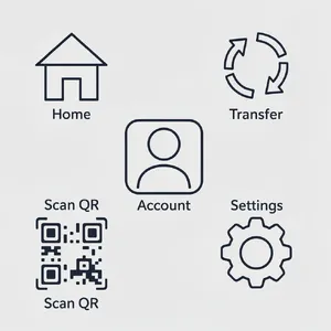 Set of 5 consistent flat design icons for a mobile banking app: 'Home', 'Transfer', 'Account', 'Scan QR', 'Settings'. Monochrome dark blue. - Black Forest Labs FLUX.2 Max