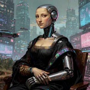 The Mona Lisa reimagined as a futuristic android, rendered in a digital art style that preserves Da Vinci's composition while incorporating sleek cyberpunk aesthetics and technological elements. - Black Forest Labs FLUX.2 Max