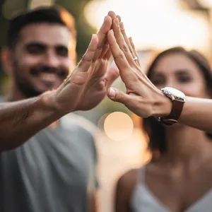 Two people high-fiving, with focus on their hands meeting mid-air. - Black Forest Labs FLUX.2 Max