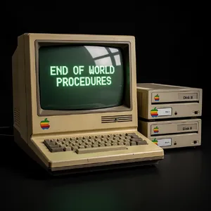 Vintage Apple II computer with green monochrome CRT screen, displaying 'END OF WORLD PROCEDURES' in green text. Two external floppy drives stacked on the right, labeled disk II with rainbow Apple logos. Beige casing, black background, retro aesthetic. - Black Forest Labs FLUX.2 Max