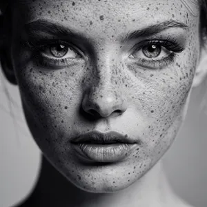 A black and white close-up portrait of a freckled woman with an intense gaze. - Black Forest Labs Flux 2 Pro