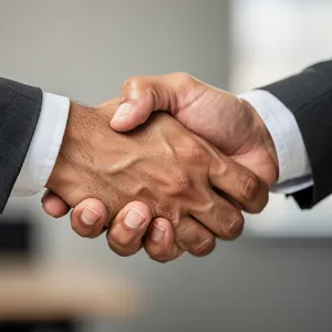 A close-up of two people shaking hands, both hands fully visible with five fingers each, in sharp focus against a blurred background. - Black Forest Labs Flux 2 Pro