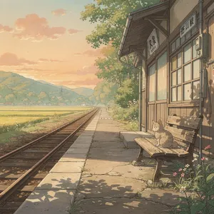A countryside train station with a cat waiting on a bench. Rendered in Studio Ghibli animation style with Miyazaki's watercolor backgrounds and hand-drawn quality. - Black Forest Labs Flux 2 Pro