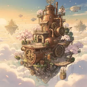 A floating steampunk castle in the sky with intricate mechanical gears and cherry blossom trees, illustrated in Hayao Miyazaki's Castle in the Sky (1986) art style with watercolor textures and detailed line work. - Black Forest Labs Flux 2 Pro