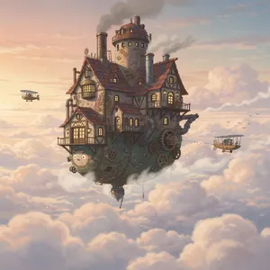 A flying castle floating in clouds at sunrise. Match the visual aesthetic of 'Howl's Moving Castle' by Studio Ghibli, with Miyazaki's blend of steampunk elements and fantasy. - Black Forest Labs Flux 2 Pro