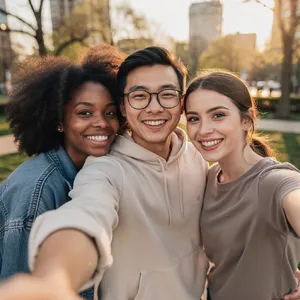 A group selfie of three friends of different ethnic backgrounds smiling at the camera. - Black Forest Labs Flux 2 Pro