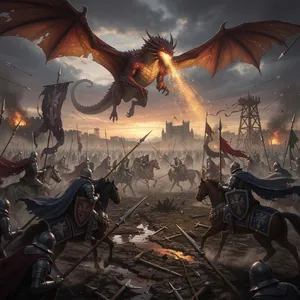 A medieval battlefield with knights on horseback and a dragon flying overhead. - Black Forest Labs Flux 2 Pro