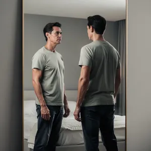 A person standing before a mirror, with their front and reflected back both visible. - Black Forest Labs Flux 2 Pro