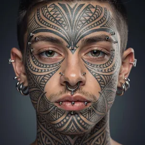 A portrait of a person with elaborate facial tattoos and piercings, shown in sharp detail. - Black Forest Labs Flux 2 Pro