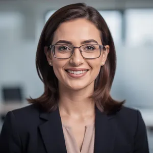 A professional headshot of a businesswoman wearing glasses, against a blurred background. - Black Forest Labs Flux 2 Pro