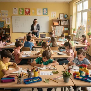 A school classroom of children and a teacher, each student engaged in a different activity. - Black Forest Labs Flux 2 Pro