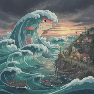 A sea creature rising from a stormy ocean near a village. Replicate the visual style of 'Ponyo' by Studio Ghibli, with Miyazaki's fluid water animations and vibrant creatures. - Black Forest Labs Flux 2 Pro