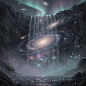 A waterfall that pours out stars and galaxies instead of water, illustrated in a cosmic fantasy style with vibrant space colors and dramatic lighting effects. - Black Forest Labs Flux 2 Pro