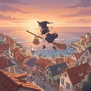 A young witch flying on a broomstick above a coastal town at sunset. Exact art style of 'Kiki's Delivery Service' by Studio Ghibli, with Miyazaki's character design and warm colors. - Black Forest Labs Flux 2 Pro