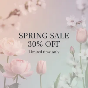 Instagram post graphic: 'SPRING SALE 30% OFF'. Floral background, pastel colors, elegant serif font style visually integrated. - Black Forest Labs Flux 2 Pro