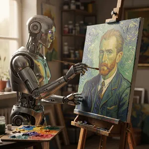 Photorealistic image of a robot painting a realistic self-portrait (i.e. the robot) on canvas, mimicking Van Gogh’s art style; clear, realistic metallic textures and painting details visible - Black Forest Labs Flux 2 Pro