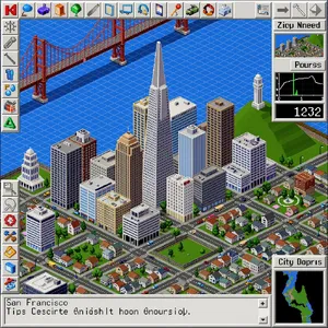 Pixel art cityscape of San Francisco in the iconic SimCity 2000 style, isometric view, detailed skyscrapers, residential areas, clearly identifiable Golden Gate Bridge, Coit Tower, Transamerica Pyramid, surrounded by the classic SimCity 2000 UI elements - Black Forest Labs Flux 2 Pro