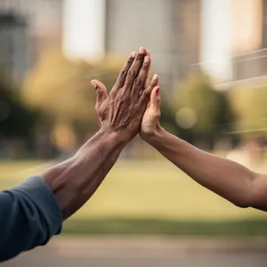 Two people high-fiving, with focus on their hands meeting mid-air. - Black Forest Labs Flux 2 Pro