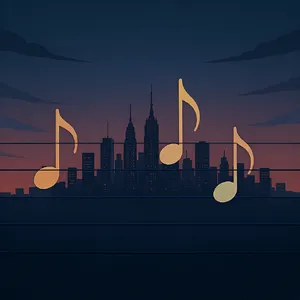 A city skyline that forms the shape of musical notes on a staff, created in a stylized graphic design aesthetic with clean architectural lines and dramatic twilight colors. - Black Forest Labs FLUX.1 Kontext Max