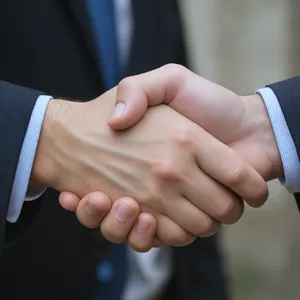 A close-up of two people shaking hands, both hands fully visible with five fingers each, in sharp focus against a blurred background. - Black Forest Labs FLUX.1 Kontext Max