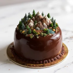 A dessert cake that looks like a tiny planet, complete with miniature trees and mountains, photographed in a professional food photography style with tilt-shift focus effect. - Black Forest Labs FLUX.1 Kontext Max