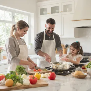 A family cooking together in a kitchen, each person busy with a different task. - Black Forest Labs FLUX.1 Kontext Max