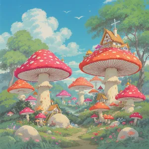 A forest of giant mushrooms with houses built on top of them, rendered in a whimsical Studio Ghibli-inspired art style with vibrant colors and fantastical details. - Black Forest Labs FLUX.1 Kontext Max
