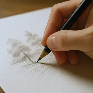 A hand drawing a sketch on paper with a pencil, the hand and pencil tip in clear focus. - Black Forest Labs FLUX.1 Kontext Max
