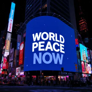 A large storefront billboard at Times Square displaying the slogan “WORLD PEACE NOW” in bold, clear letters, amidst a vibrant cityscape at night. - Black Forest Labs FLUX.1 Kontext Max