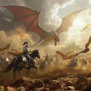 A medieval battlefield with knights on horseback and a dragon flying overhead. - Black Forest Labs FLUX.1 Kontext Max