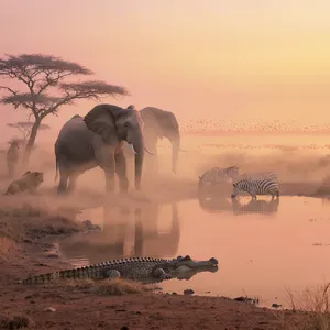 A misty dawn at an African savanna watering hole where elephants, lions, and zebras coexist in tense harmony, with a crocodile partially submerged in the foreground and flamingos taking flight in the background, golden hour lighting. - Black Forest Labs FLUX.1 Kontext Max